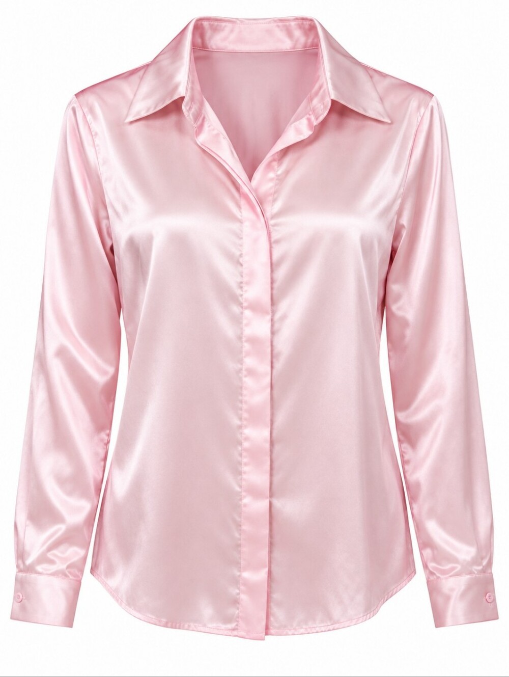 Allegra K Satin Button-Up Shirt in Light Pink
